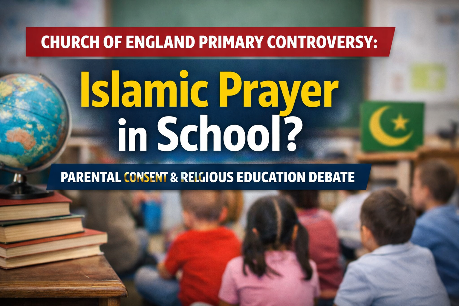 "Classroom scene at a UK Church of England primary school with young children sitting at desks, a teacher showing a video about Islamic prayer, globe and books visible, representing debate on parental consent and religious education."