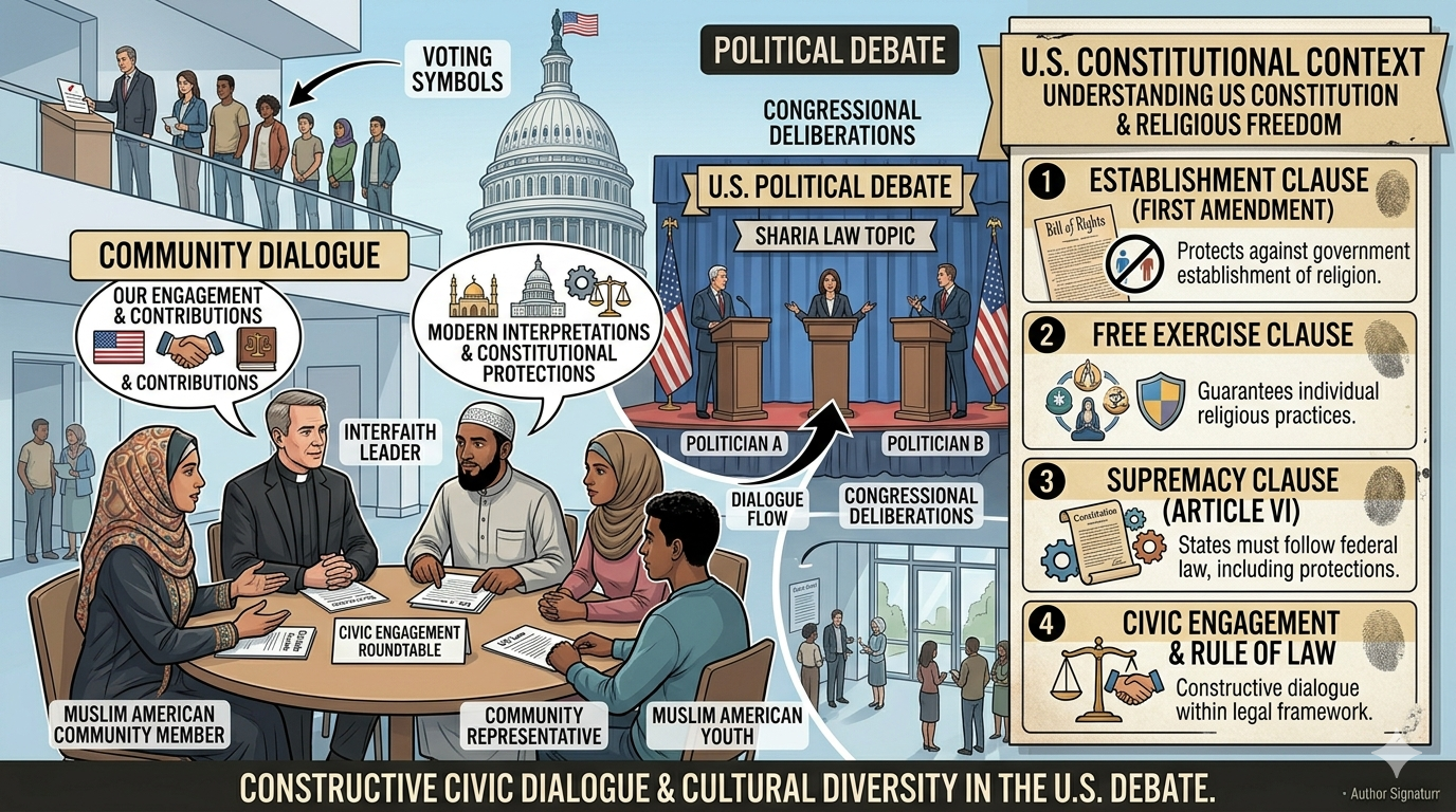 "Muslim Americans and interfaith leaders discussing Shariah law amid U.S. political debate in a community setting."