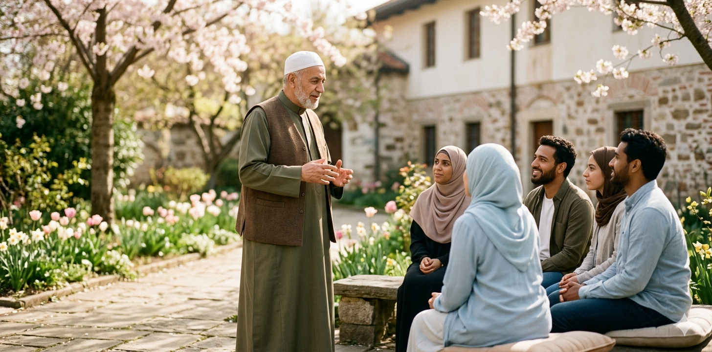 "Islamic cleric speaking to a group, emphasizing spiritual readiness with subtle Easter-inspired spring colors in the background, peaceful and reflective atmosphere."