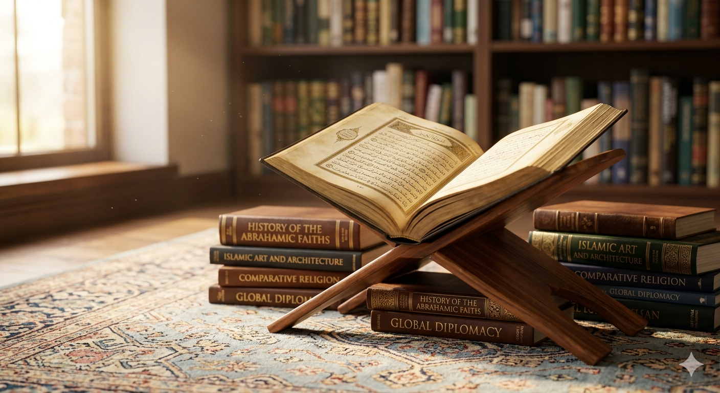 An open Quran on a wooden stand with a soft light, symbolizing knowledge and study