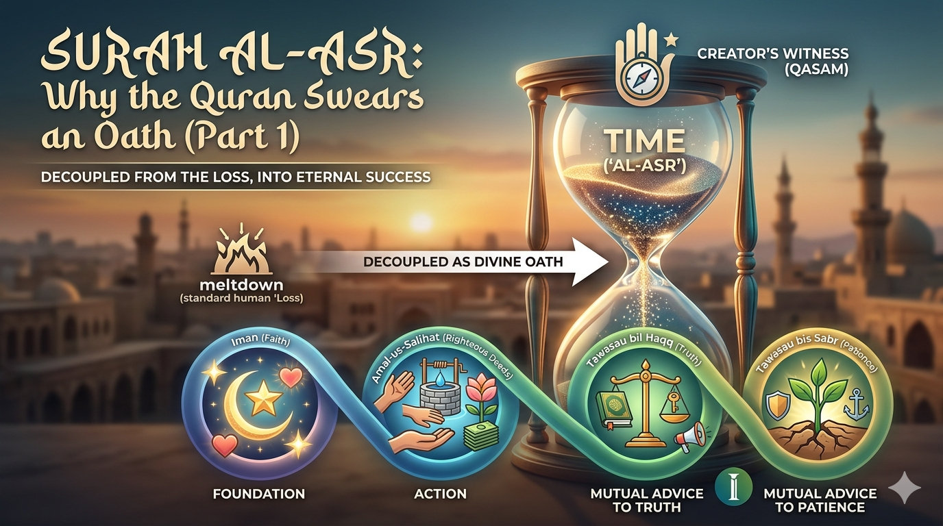 A serene and professional digital illustration representing the concept of time in Surah Al-Asr, featuring an hourglass with glowing sand transitioning into symbols of faith and righteous deeds, set against a sunset sky.”